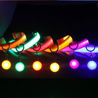 Plusieurs colliers pour chien lumineux sont posés sur un fond sombre. Dans l'ordre de gauche à droite on peut voir un collier orange, vert, rouge, jaune, rose et bleu.