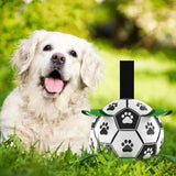 Un chien blanc qui s'allonge sur une pelouse verte regardant devant lui la bouche ouverte avec un ballon de foot près de lui