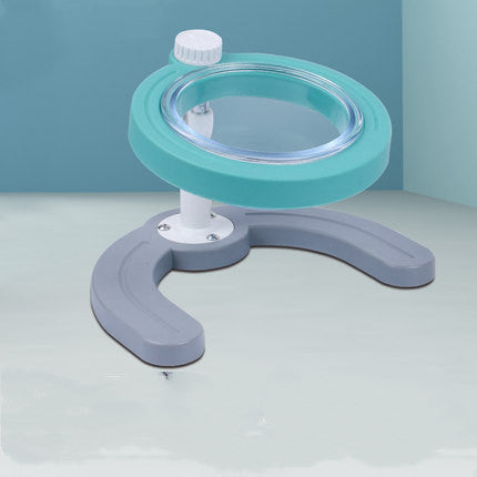 Support de gamelle pour chien de couleur vert sur un fond blanc près d'un mûr de couleur bleu