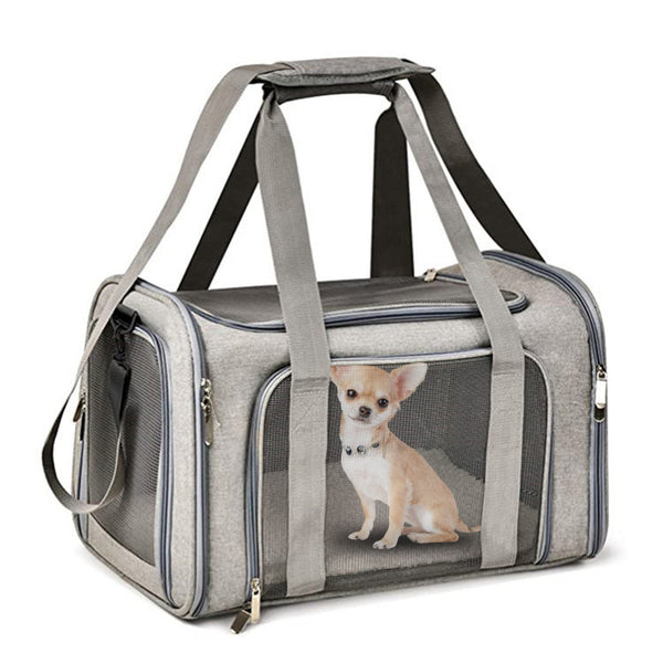 Un petit chien de couleur marron dans sa caisse de transport de couleur gris et le tout sur un fond blanc