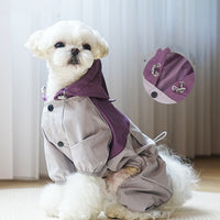 Un petit chien portant un manteau pour à capuche  violet, avec un rideau blanc en fond