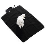 Un petit chien de race Caniche Toy de couleur blanc sur un tapis de couleur noir et sur un fond blanc