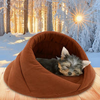 Un petit chien dans son petit cocon de lit de couleur marron sur un plancher avec un fond sous bois et de la neige