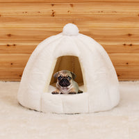 Un petit bull dog installé dans sa niche de couleur blanche avec fond mur en volige.