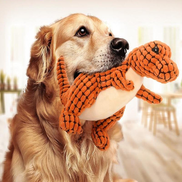 Un grand chien qui joue avec son doudou en forme de dinosaure. 