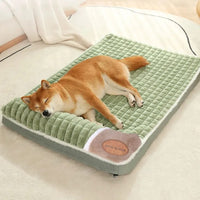 Un chien marron dormant paisiblement sur le coussin pour chien moelleux avec oreiller de couleur verte sur le tapis du salon.