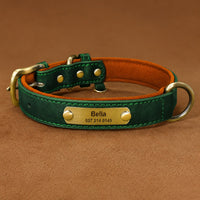 Collier en cuir personnalisé pour chien de couleur verte avec intérieur marron, équipé d’une plaque d’identification gravée avec le nom et le numéro de téléphone du chien.