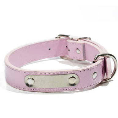 Collier pour chien rose pastel avec plaque métallique gravée, ajustable et élégant, posé à plat pour en montrer les détails et la finition soignée.
