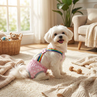 Pink dog diaper overalls with multicolored stripes