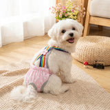 Pink dog diaper overalls with multicolored stripes
