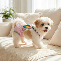 Pink dog diaper overalls with multicolored stripes