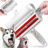 brosse anti-poils de chien blanc et rouge avec réservoir à poils avec image de chien et chat étonné sur fond blanc
