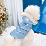 Chihuahua vu de dos portant un manteau beige satiné rembourré avec capuche bordée de fausse fourrure blanche, idéal pour l’hiver et les petits chiens.