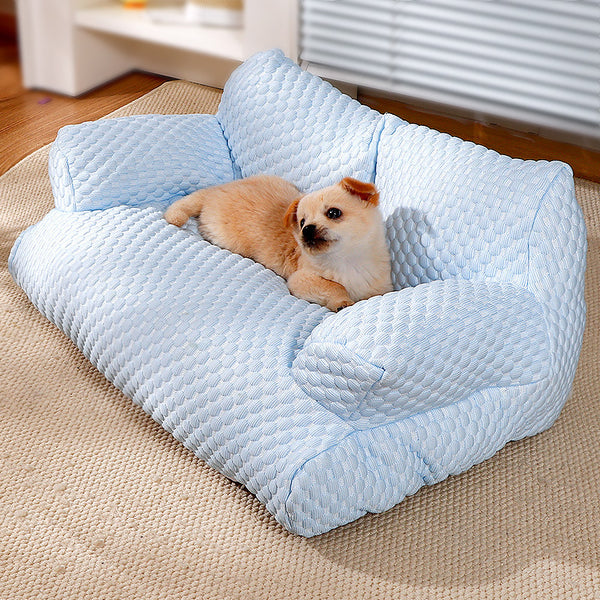 Petit chien allongé confortablement dans un canapé doux texturé, installé sur un tapis beige dans un intérieur lumineux.