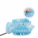 Blue paw cleaner for small dogs with many soft bristles inside, showing a hand squeezing the flexible bristles to gently clean paws.