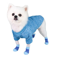 Un petit chien blanc avec un pull et des chaussons bleu 