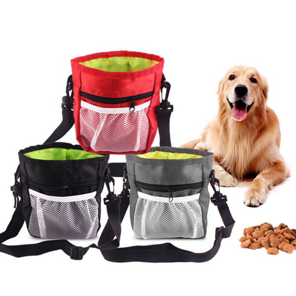 Trois sac à friandise pour chiens qui se superposent sur un fond blanc et avec un chien derrière