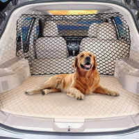 Un chien assis dans un coffre de voiture avec un filet de sécurité en arrière-plan