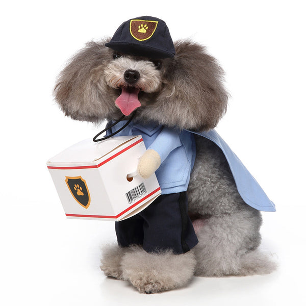 Un chien déguisé en sheriff avec un livre le tout avec un fond blanc 