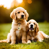 Deux chiens de race labrador sur une pelouse verte et l'un portant une médaille personnalisé