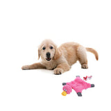 Un petit chien qui joue avec sa peluche de canard de couleur rose sur un fond blanc