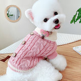 Un petit chien de couleur blanc avec un pull tricoté à bouton rose, assis sur une table avec en arrière-plan un miroir sur mur blanc