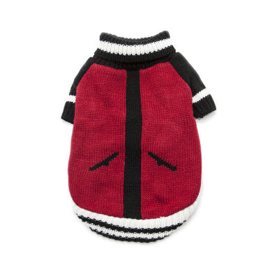 Un pull pour chien tricoté de couleur rouge sur un fond blanc.