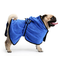 petit chien portant un peignoir bleu