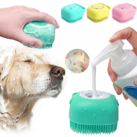 brosse de bain pour chien massante et distributeur de savon vert, jaune et rose